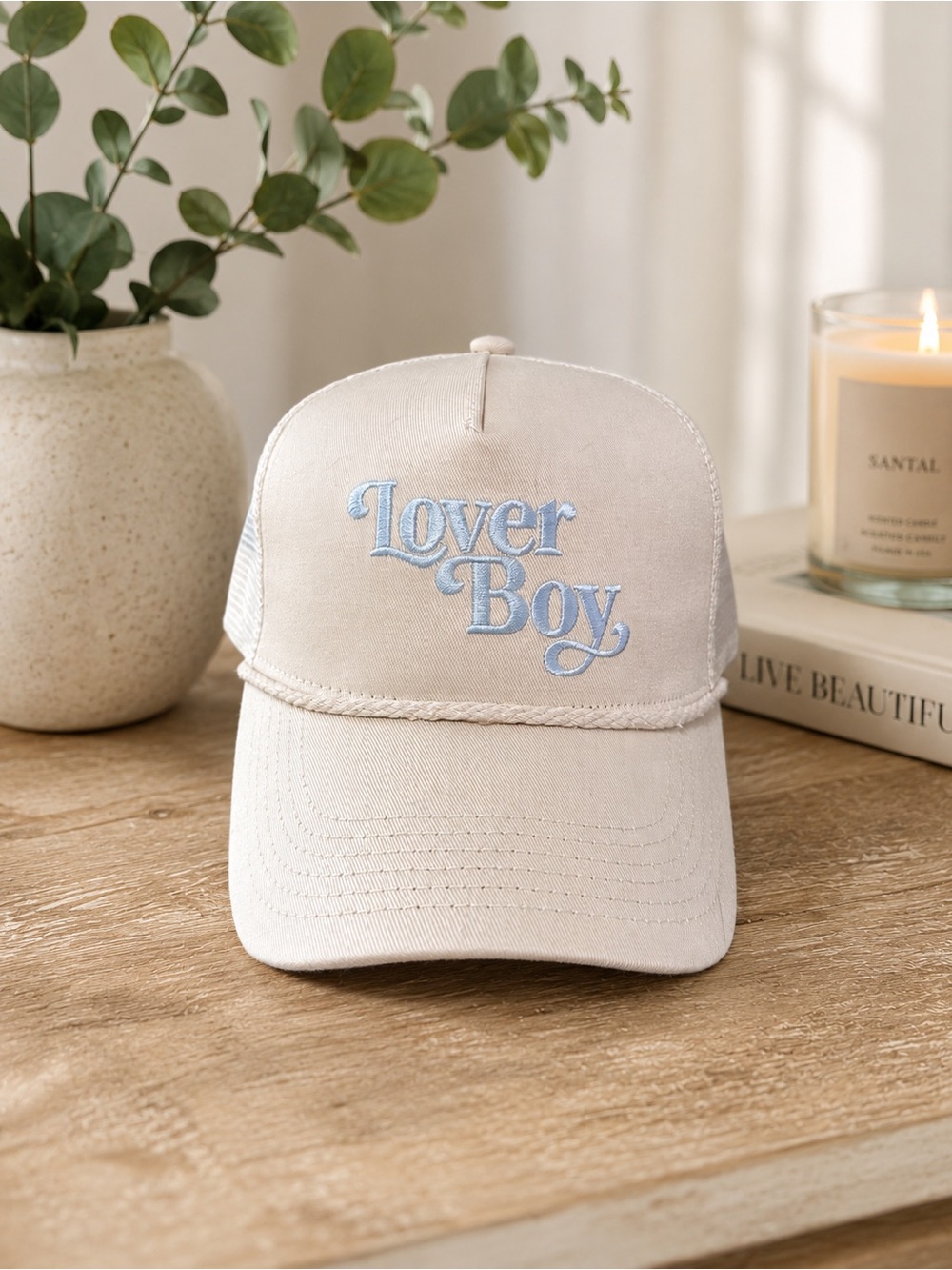 Lover Boy Embroidered Hat - Cream with Light Blue